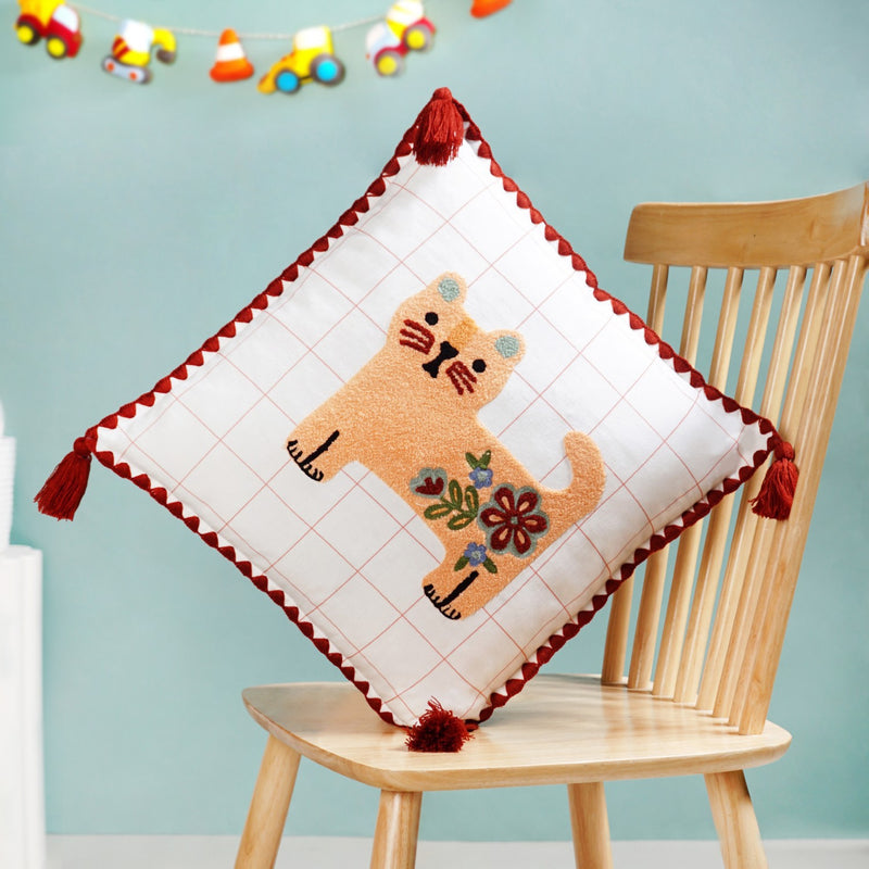 Cat Embroidered Cushion Cover With Tassels 42x42cm