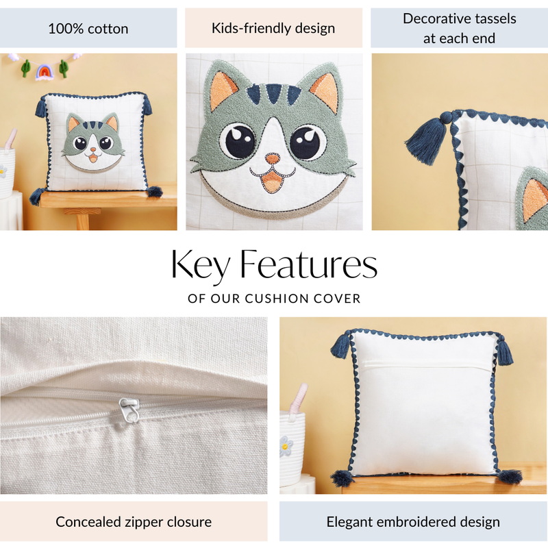 Cat Embroidered Kids Cushion Cover 42x42cm