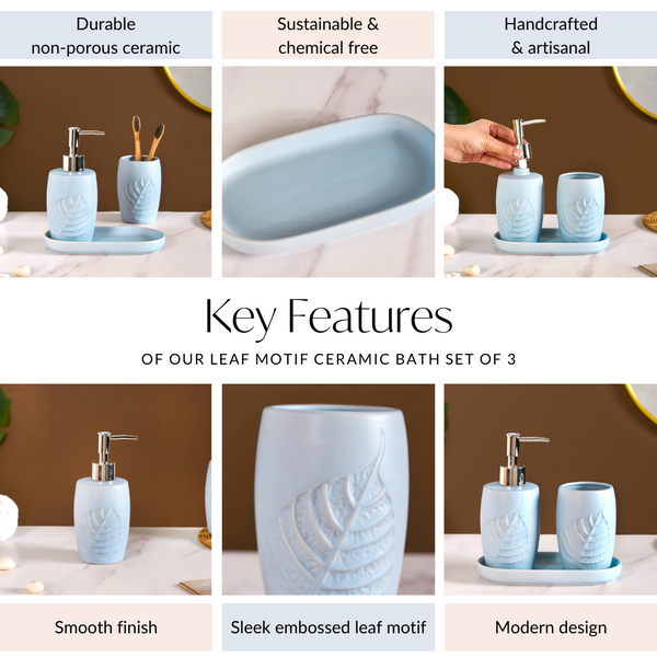 Leaf Emboss Ceramic Bath Set Of 3 With Tray Light Blue