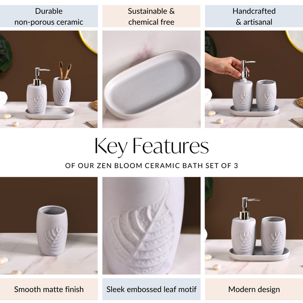 Leaf Ceramic Bathroom Set of 3 With Tray Light Grey