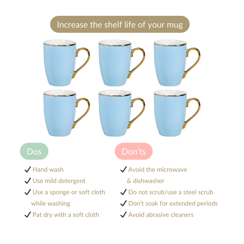 Set of 6 Embossed Blue Coffee Mug 330ml - Tea cup set, coffee cup set, tea cups, coffee cups, ceramic tea cups, coffee mugs