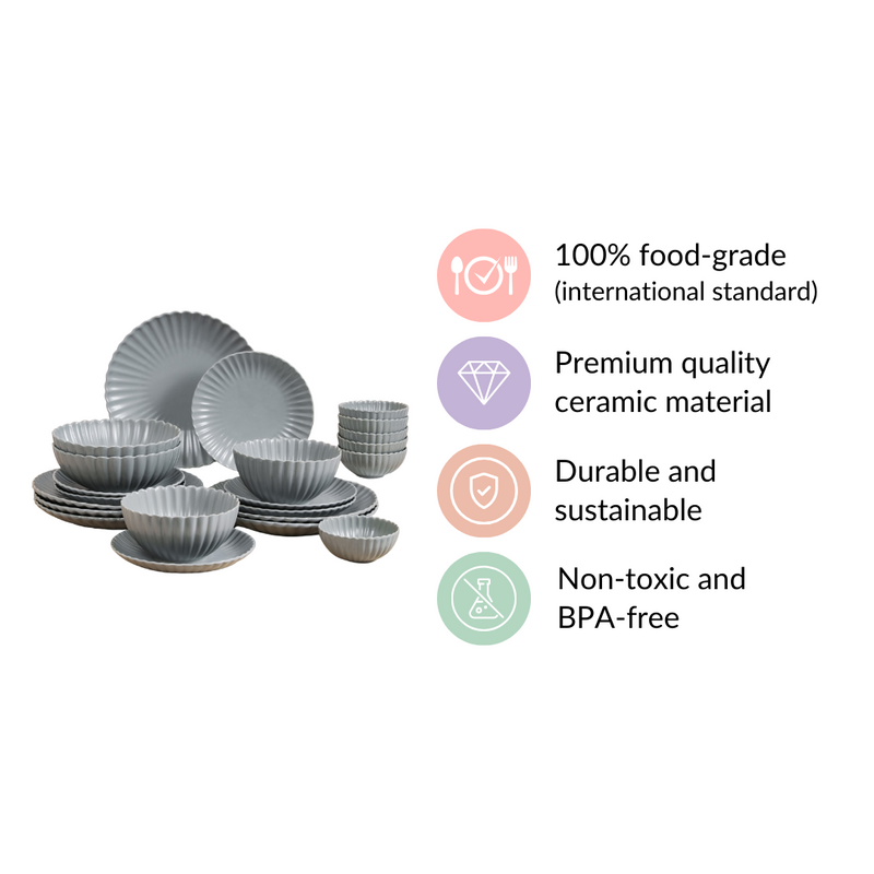 Grey Scalloped 22 Piece Dinner Set For 6