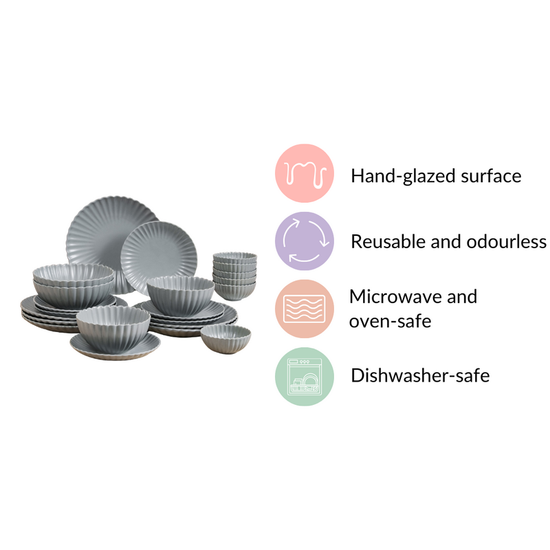 Grey Scalloped 22 Piece Dinner Set For 6