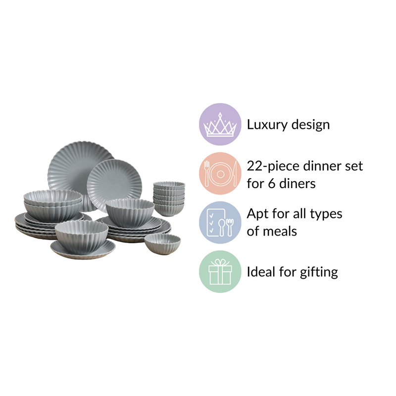 Grey Scalloped 22 Piece Dinner Set For 6
