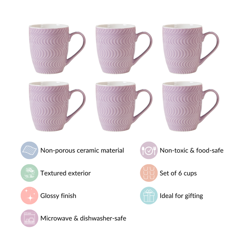 Set of 6 Waves Lavender Coffee Mug 230ml - Coffee mugs, ceramic mugs, coffee mug set, textured coffee mugs