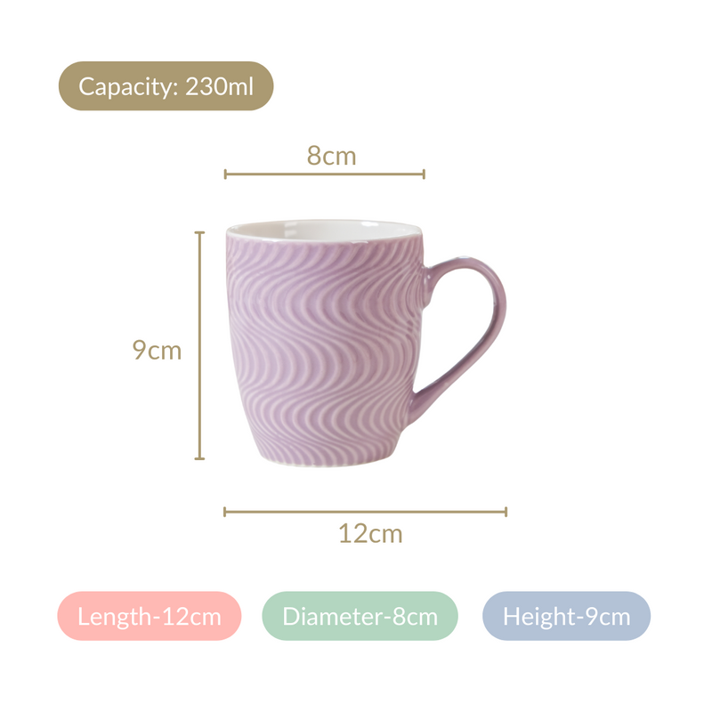 Set of 6 Waves Lavender Coffee Mug 230ml - Coffee mugs, ceramic mugs, coffee mug set, textured coffee mugs