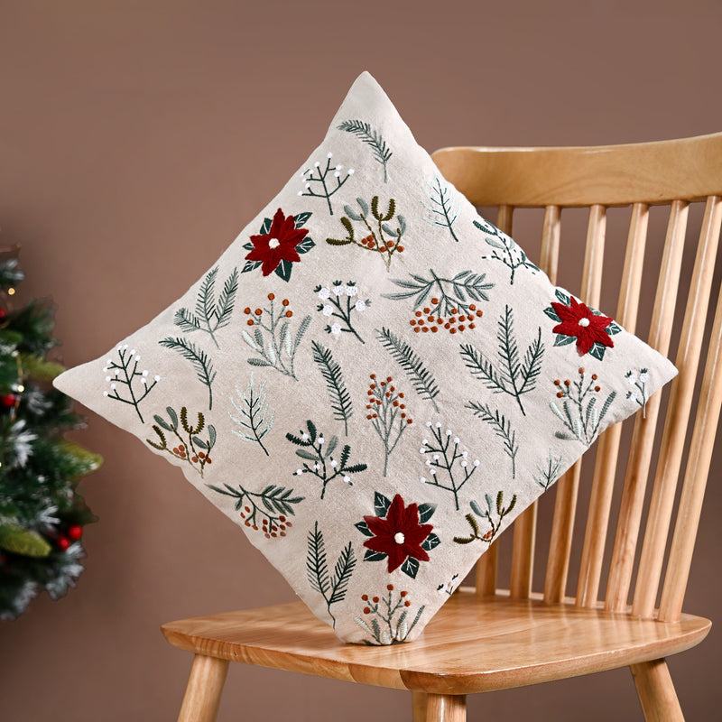 Chambray Cotton Cushion Cover With Floral Embroidery
