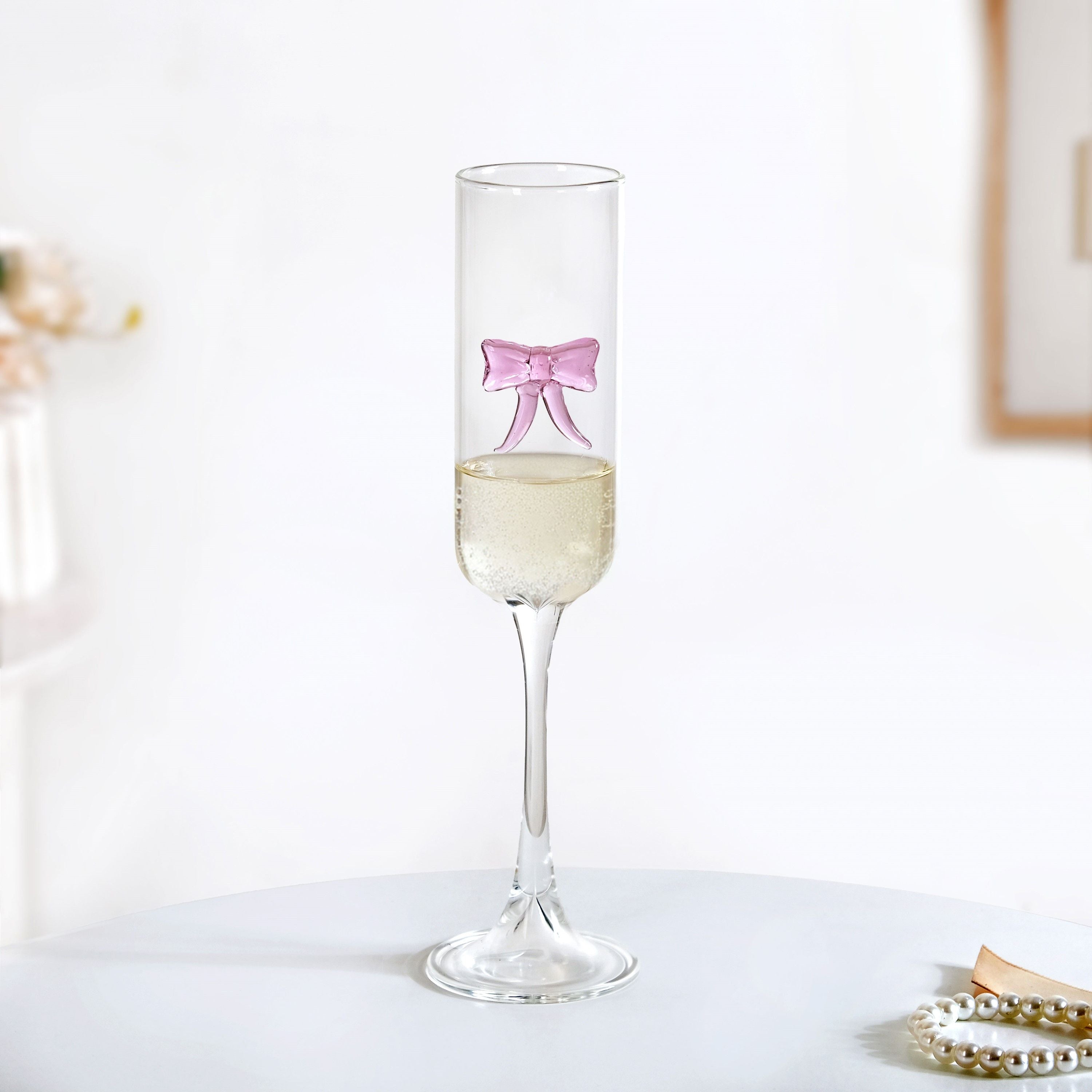 Champagne Glass With 3D Pink Bow 200ml