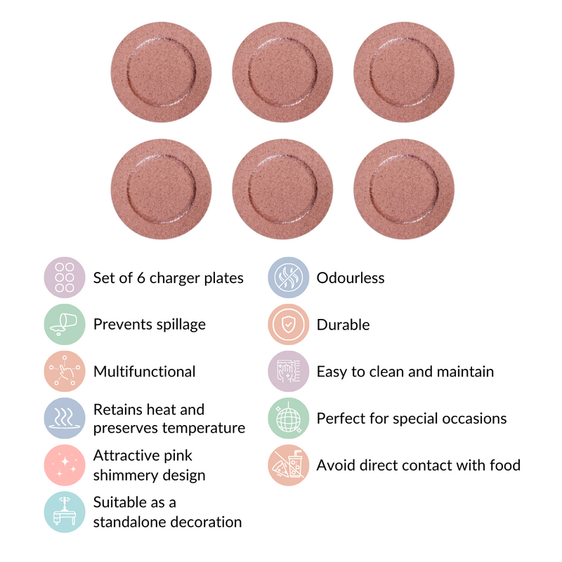 Pink Shimmer Charger Plate Set Of 6 13 Inch- Charger plates, decorative plates, plates set of 6, service plates, under plates, pink charger plates