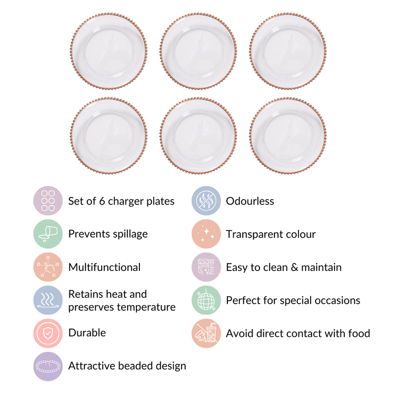 Rose Gold Beads Charger Plate Set Of 6 Transparent 12 Inch- Charger plates, decorative plates, plates set of 6, service plates, under plates