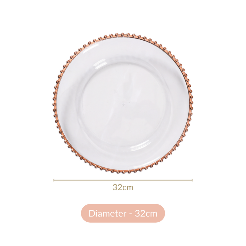 Rose Gold Beads Charger Plate Set Of 6 Transparent 12 Inch- Charger plates, decorative plates, plates set of 6, service plates, under plates