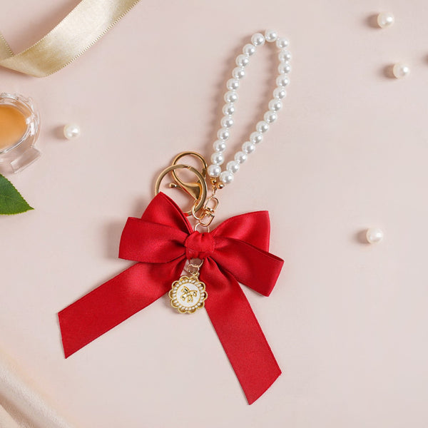 Charming Red Bow Keychain With Pearls