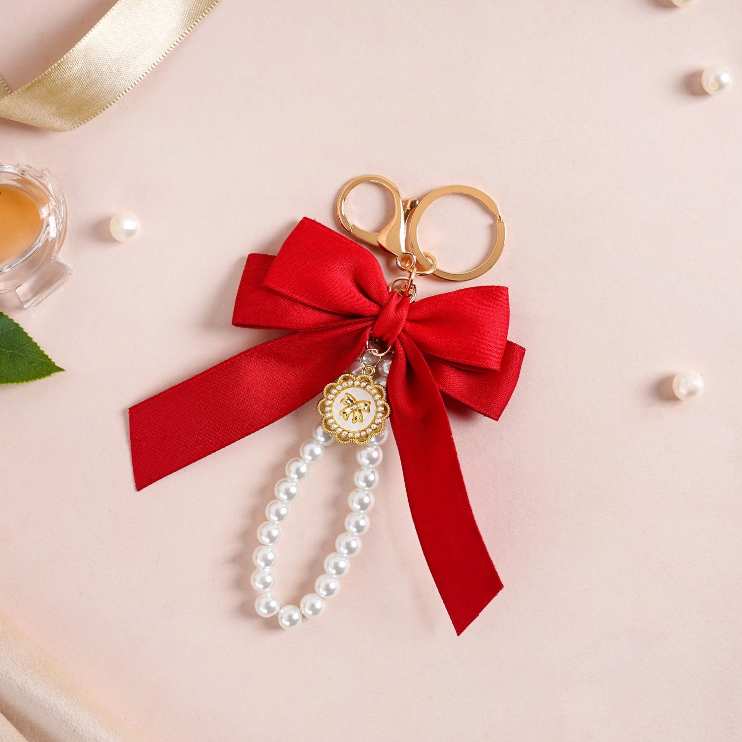 Charming Red Bow Keychain With Pearls Online - Premium Keychain | Nestasia
