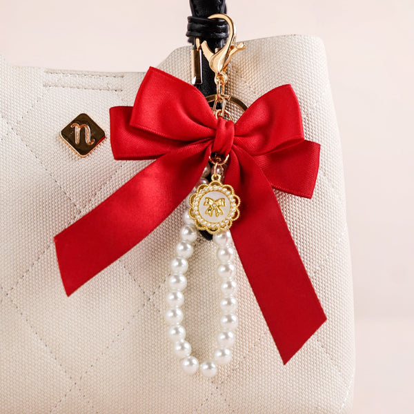 Charming Red Bow Keychain With Pearls