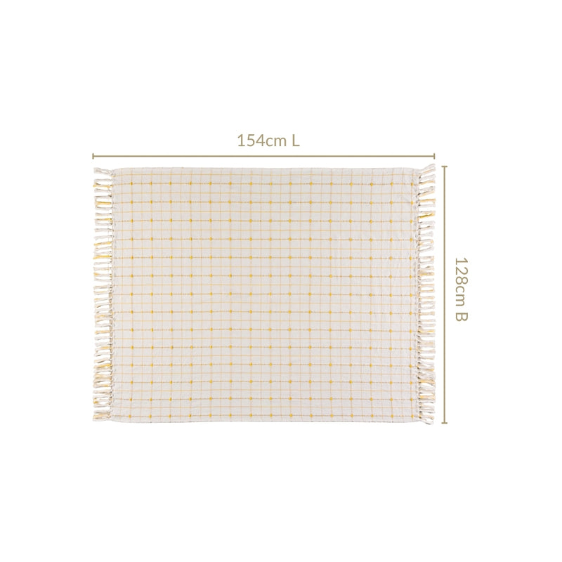 Checkered White And Mustard Yellow Tassel Cotton Throw