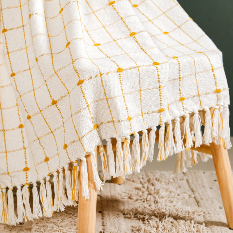 Checkered White And Mustard Yellow Tassel Cotton Throw