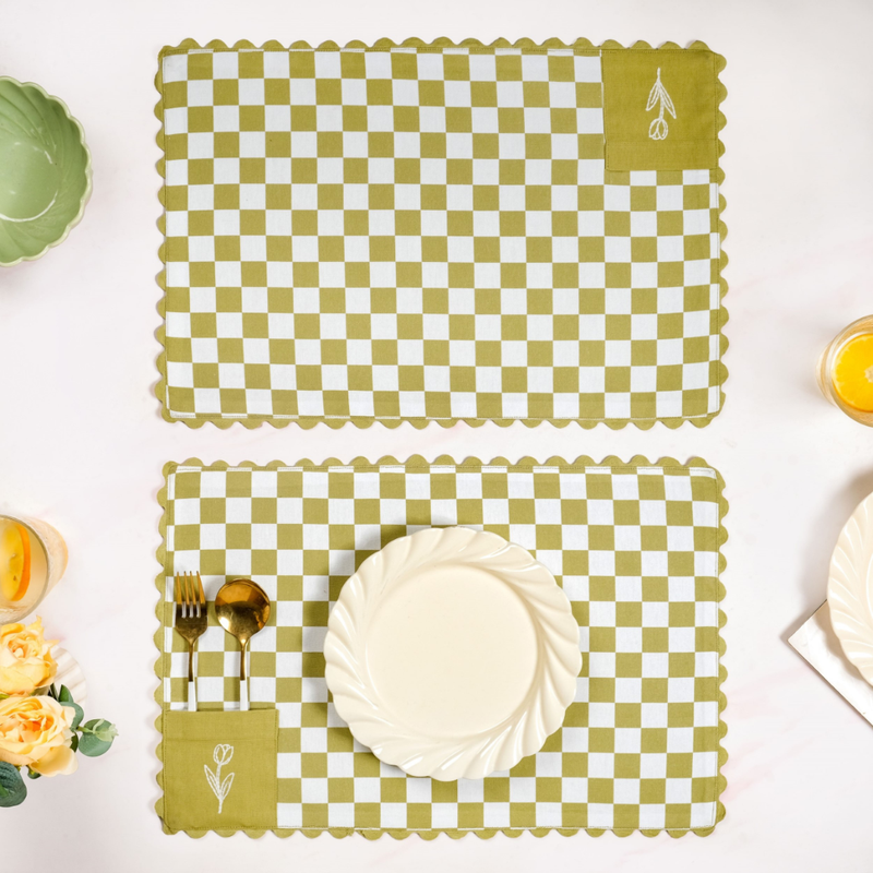 Checkered Embroidered Cotton Table Mat Green Set Of 6