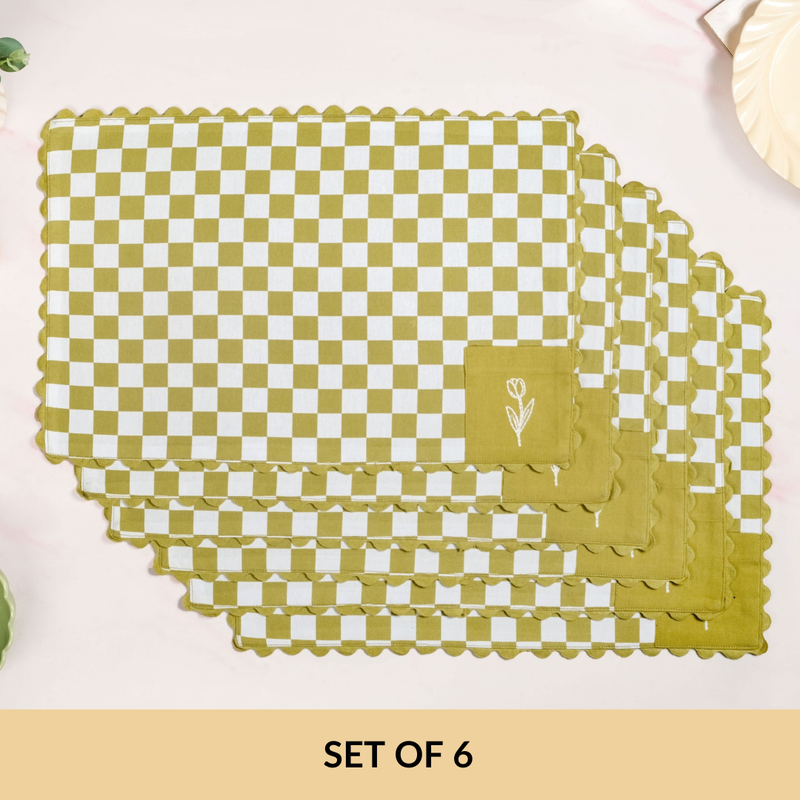 Checkered Embroidered Cotton Table Mat Green Set Of 6