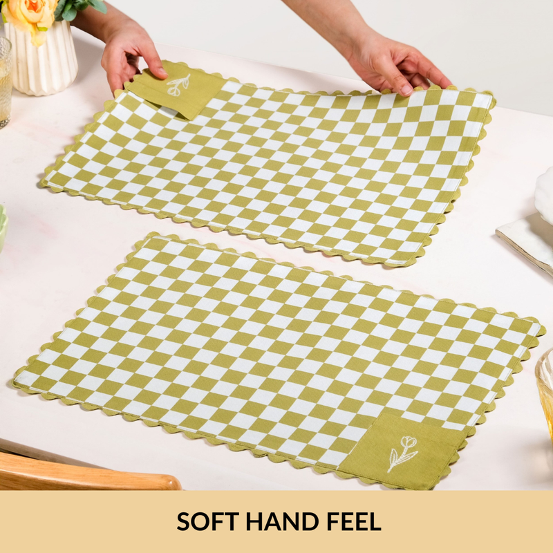 Checkered Embroidered Cotton Table Mat Green Set Of 6