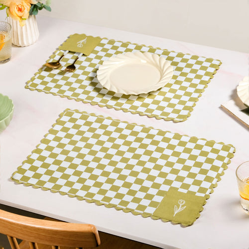Checkered Embroidered Cotton Table Mat Green Set Of 6