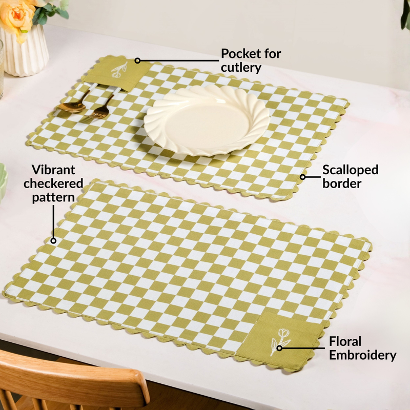 Checkered Embroidered Cotton Table Mat Green Set Of 6
