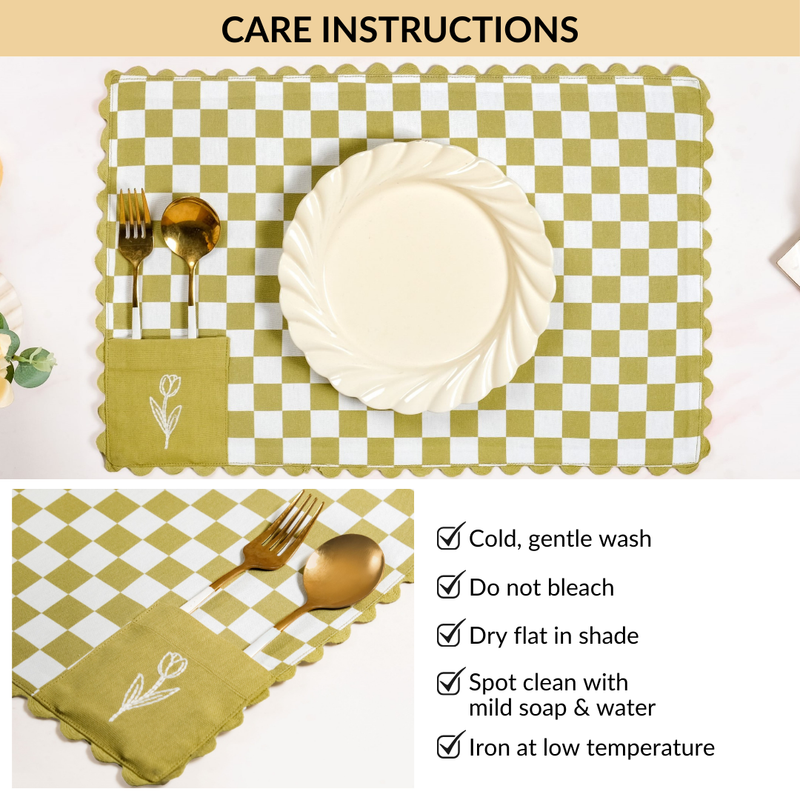 Checkered Embroidered Cotton Table Mat Green Set Of 6