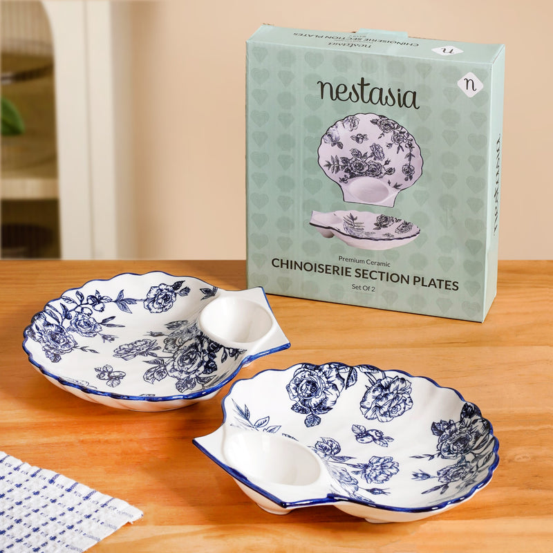 Chinoiserie Blue Ceramic Section Plates Set Of 2