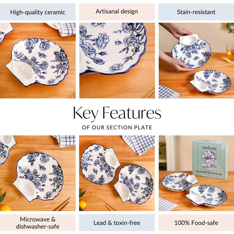 Chinoiserie Blue Ceramic Section Plates Set Of 2
