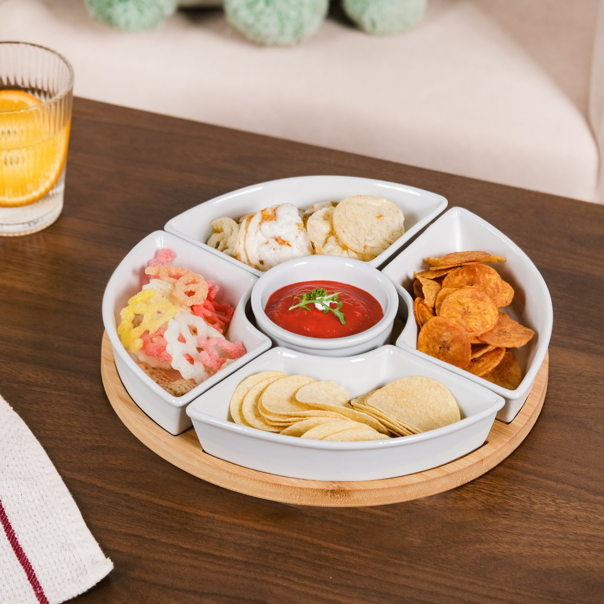 Chip And Dip White Ceramic Bowl And Tray Set Online - Premium