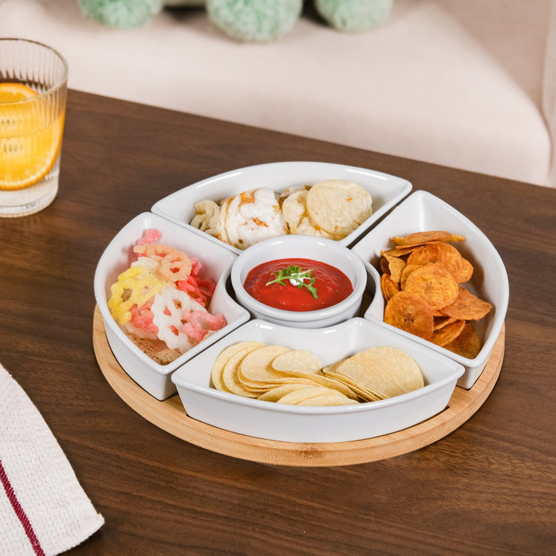 Chip And Dip White Ceramic Bowl And Tray Set