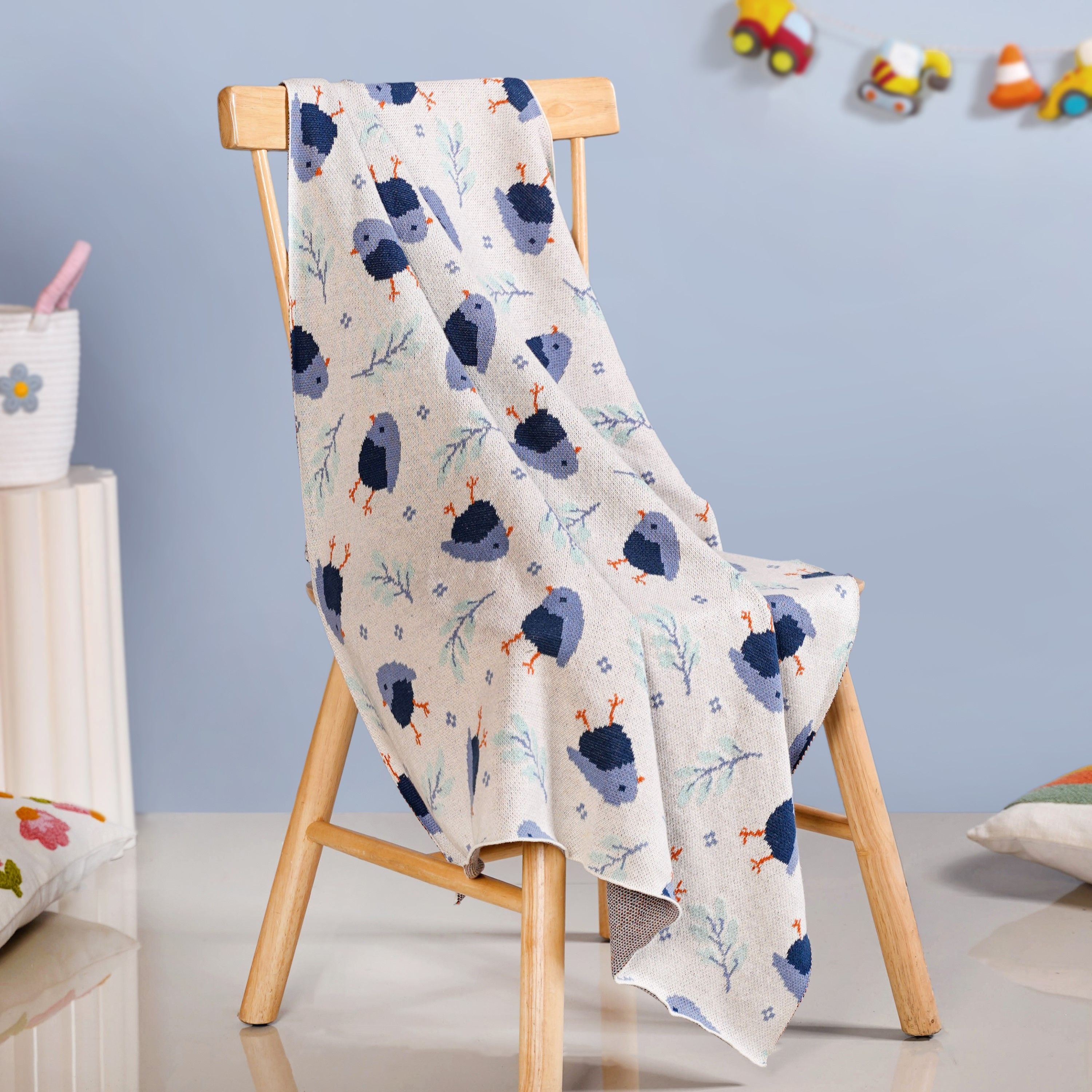 Chirpy Bluebird Knitted Cotton Throw For Toddlers 102x76cm