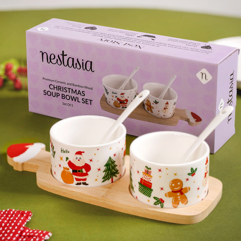 Christmas Soup Bowl And Spoon With Tray Set Of 5