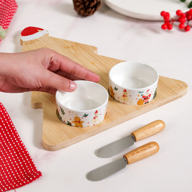 Christmas Tree Cheese Board With Bowls And Knives Set Of 5