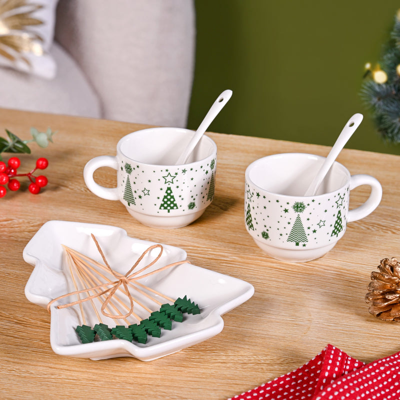 Christmas Cups With Spoon And Platter Set Of 6