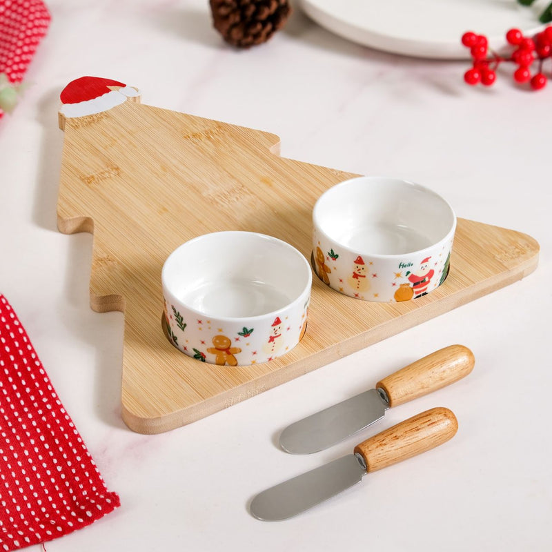 Christmas Tree Cheese Board With Bowls And Knives Set Of 5