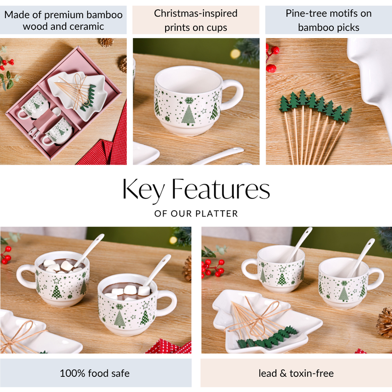 Christmas Cups With Spoon And Platter Set Of 6