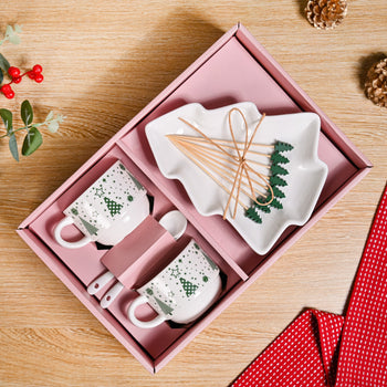 Christmas Cups With Spoon And Platter Set Of 6
