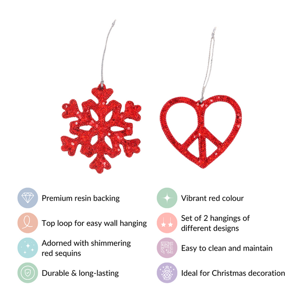 Red Christmas Snowflake Heart Ornaments Set of 2