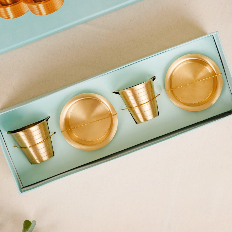 Circular Pinstriped Pure Brass Filter Coffee Dabara Set For 2