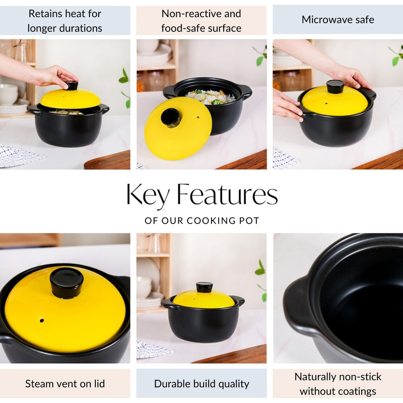 Classic Yellow Lid Black Ceramic Stewing Casserole 2300ml