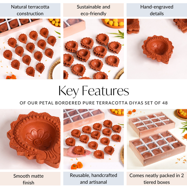 Petal Bordered Pure Terracotta Diyas Set Of 48