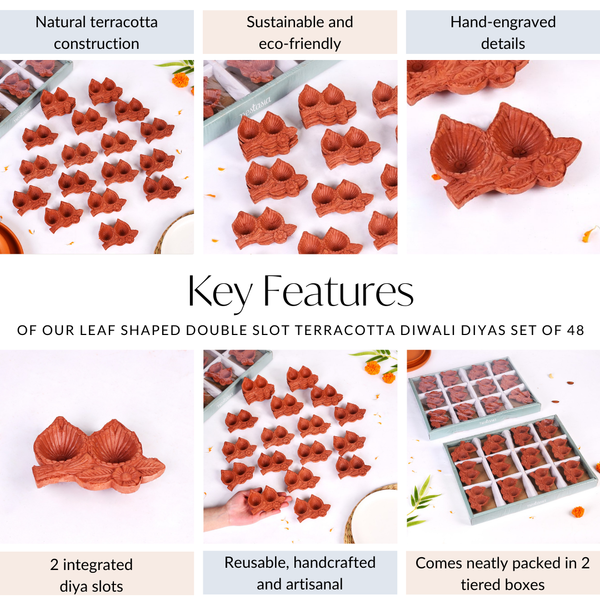 Leaf Shaped Double Slot Terracotta Diwali Diyas Set Of 48