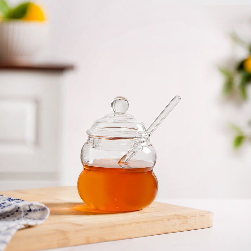 Clear Glass Honey Jar with Dipper and Lid 300ml
