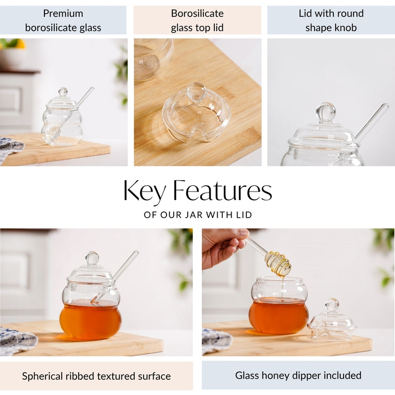 Clear Glass Honey Jar with Dipper and Lid 300ml