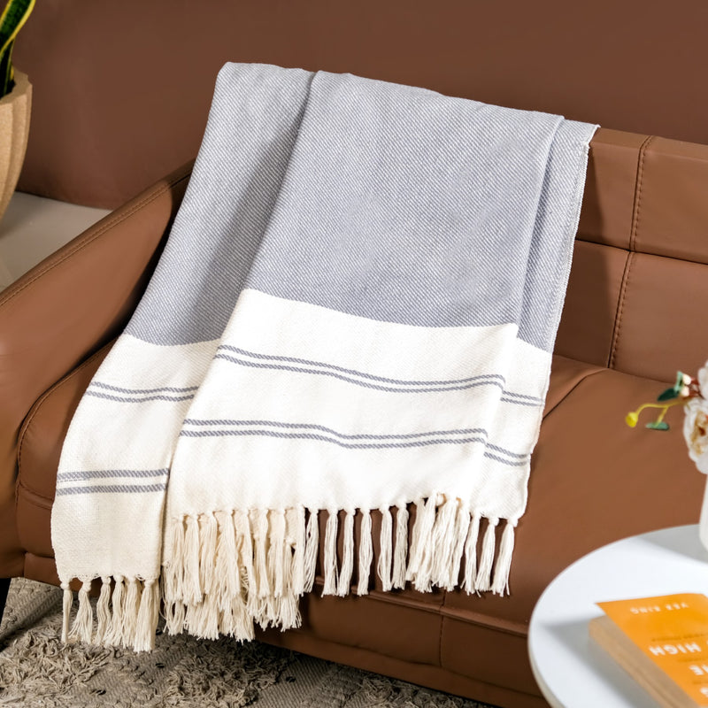 Coastal Blue And White Striped Cotton Throw With Tassels