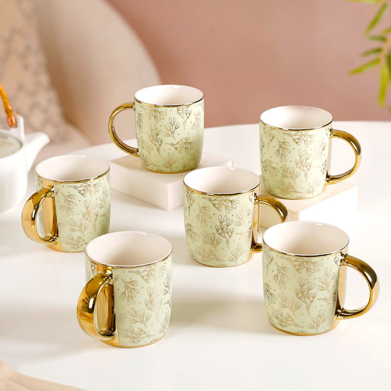 Gold Detail Coffee Mug Set of 6 Matte Pistachio Green 350ml - Coffee mugs, coffee mug set, ceramic coffee mugs, tea cup set, tea cups, printed mugs