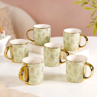 Gold Detail Coffee Mug Set of 6 Matte Pistachio Green 350ml - Coffee mugs, coffee mug set, ceramic coffee mugs, tea cup set, tea cups, printed mugs