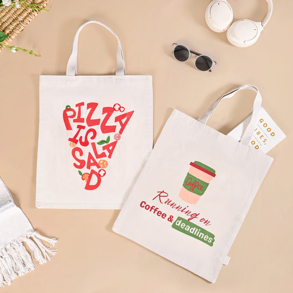 Coffee And Pizza Quotes Canvas Tote Bag Set Of 2