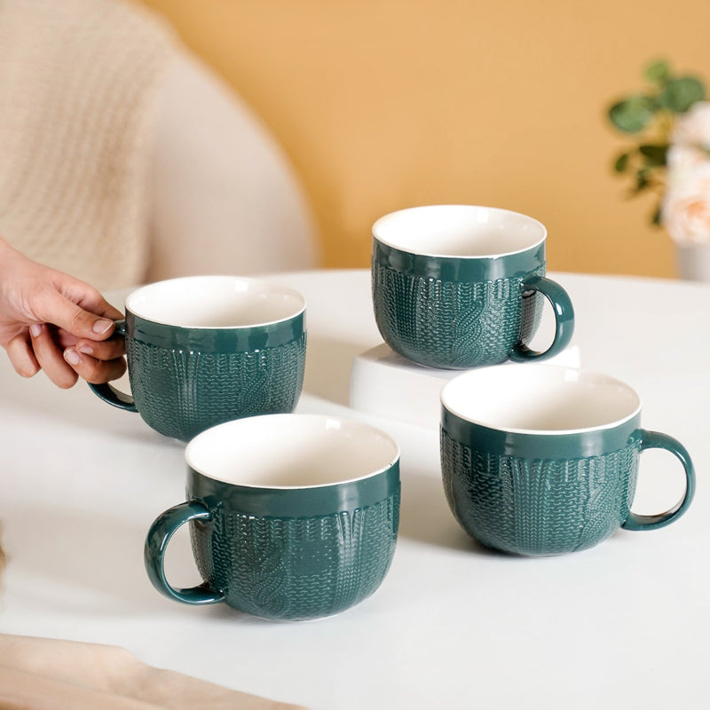 Knitted Texture Green Cappuccino Cup Set of 4 Large 490ml - Coffee mugs, coffee mug set, ceramic coffee mugs