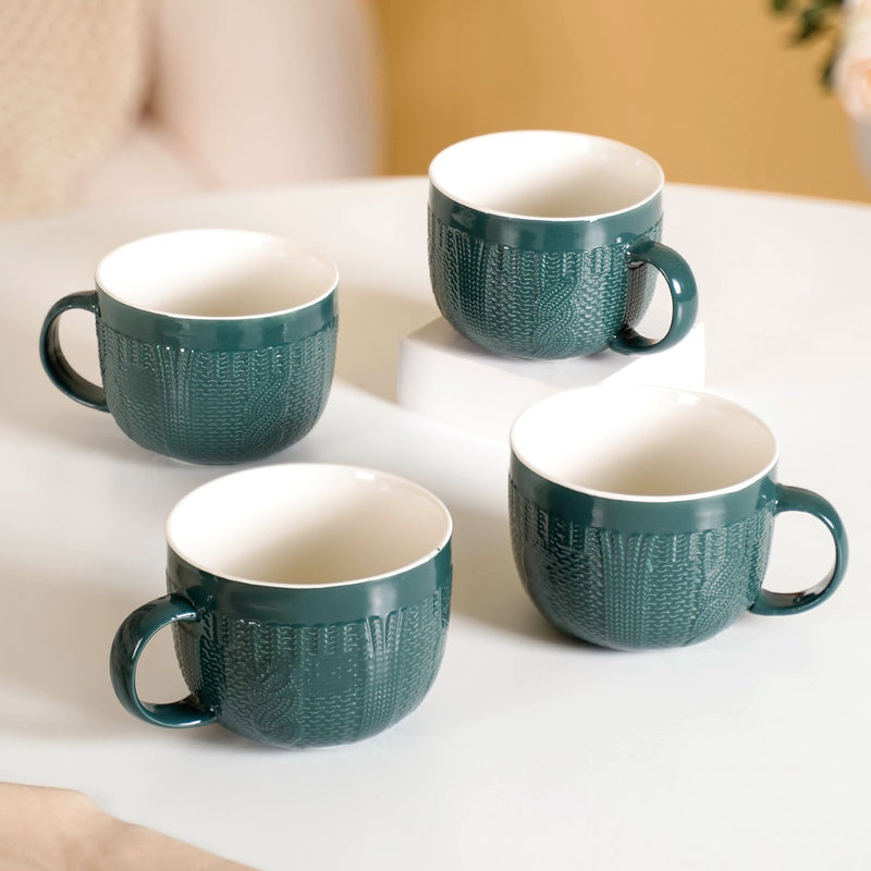 Knitted Texture Green Cappuccino Cup Set of 4 Large 490ml - Coffee mugs, coffee mug set, ceramic coffee mugs